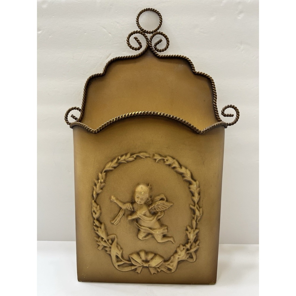 Southern Living Cherub Hanging Wall Pocket/Bucket Distressed GoldYellow 18x12.5"